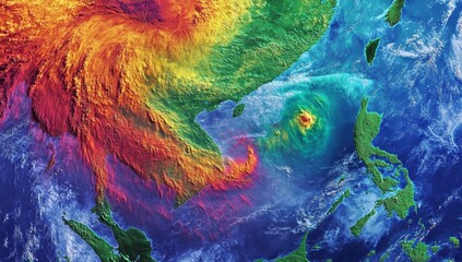 Satellite image of a powerful typhoon approaching land, showing swirling clouds and intense weather patterns over ocean and land.