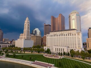 Downtown Columbus, OH skyline. City park and riverfront. A beautiful day in the city. EAST BANK...