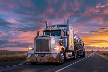 White big rig semi truck on the highway road at sunset