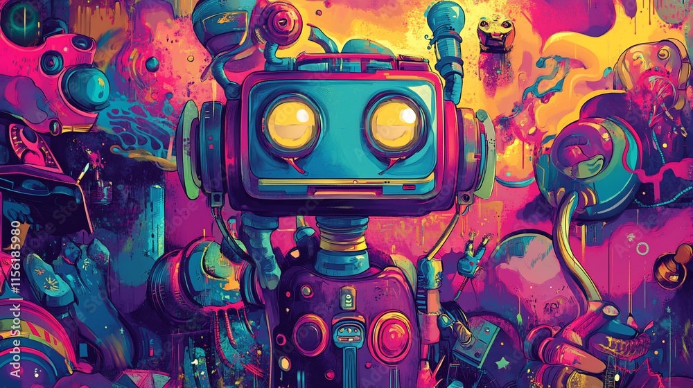 Poster Retro robot in vibrant, surreal landscape.