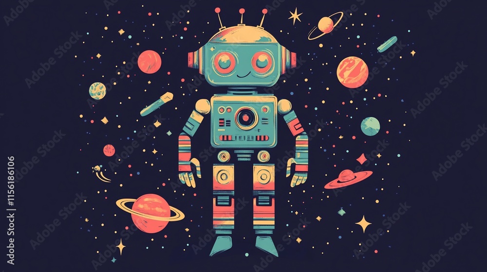Poster Retro robot in space with planets and stars.