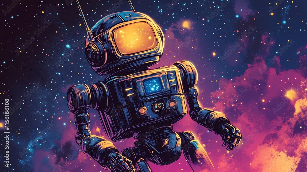 Poster Retro robot floats in vibrant nebula.