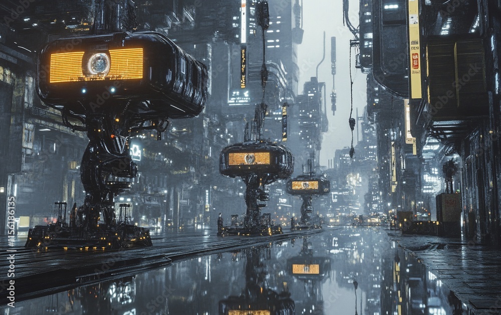 Poster futuristic city street scene with wet pavement reflecting towering buildings and unique architecture