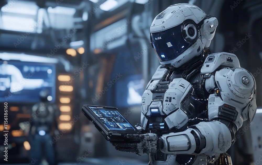 Poster futuristic robot in space station, operating a tablet.