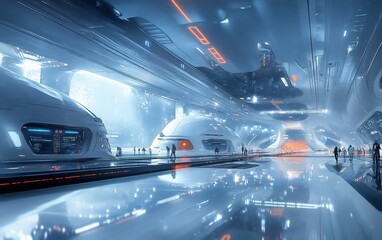 Futuristic spaceport with sleek vehicles, passengers, and reflective floors.
