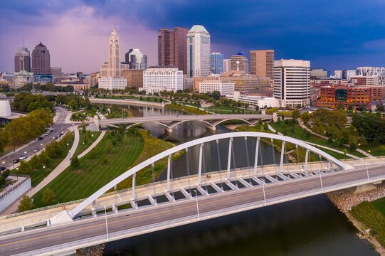 Aerial view of the scenic Columbus, OH skyline and the Scioto Mile. Modern architecture and parks meet. MAIN ST. BRIDGE, COLUMBUS, OHIO, UNITED STATES