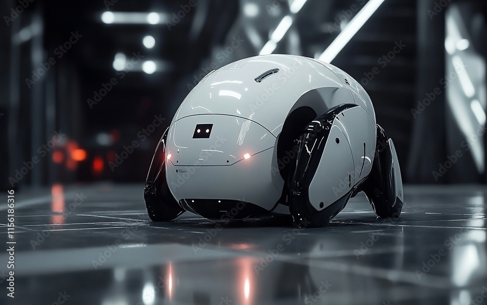 Poster futuristic white robot vehicle on sleek floor in modern setting.