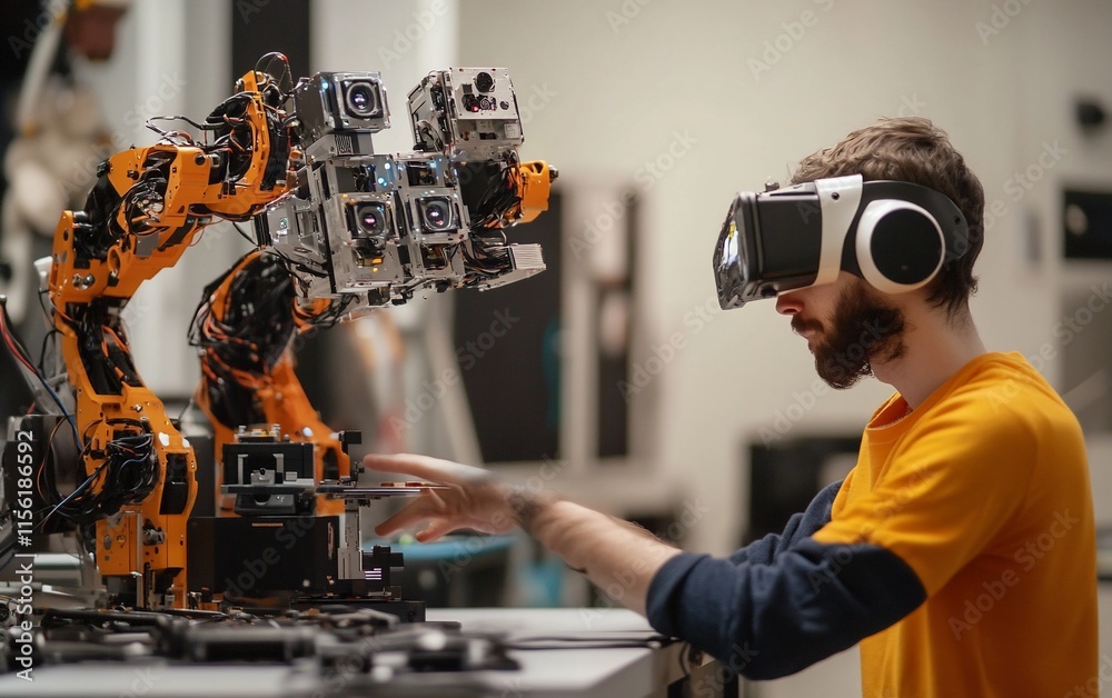 Poster Man in VR headset interacts with robotic arm in a tech lab.