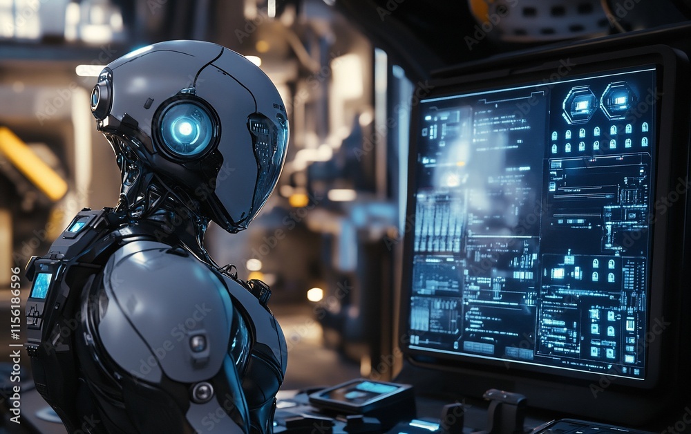 Leinwandbilder Futuristic robot monitoring data on a large screen in a high-tech facility.