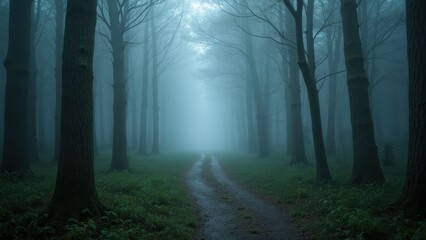 Naklejka premium Enchanted Forest Pathway: Misty Morning Mood
