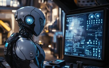 Futuristic robot monitoring data on a large screen in a high-tech facility.