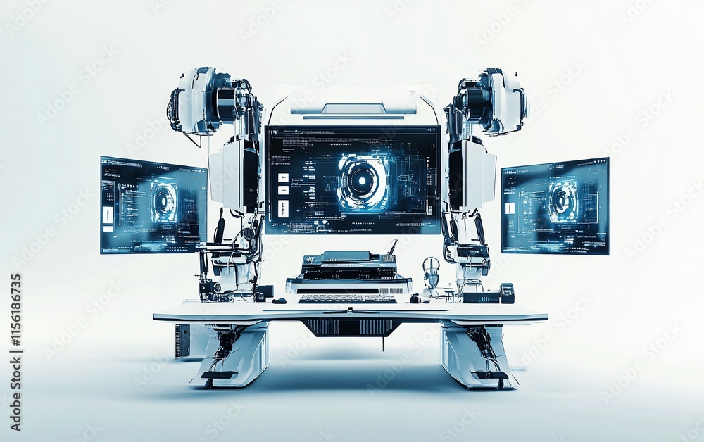 Aufkleber Futuristic robotic workstation with multiple screens displaying digital data and mechanical arms.