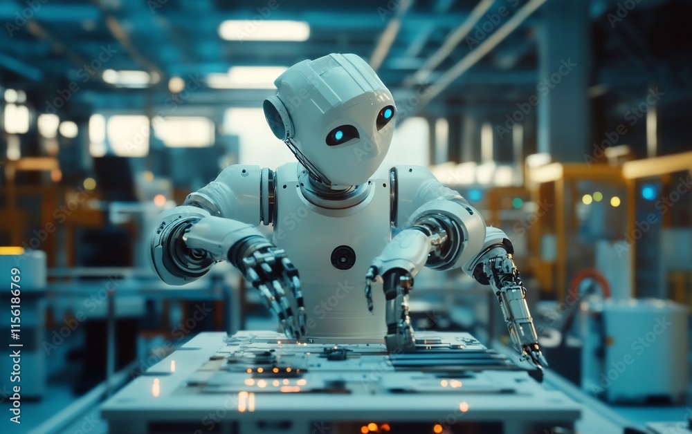 Poster a humanoid robot operates machinery in a futuristic factory.
