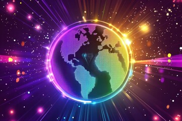 Vibrant Digital Earth Illustration with Colorful Glow and Light Rays on a Starry Background Ideal for Technology and Global Themes