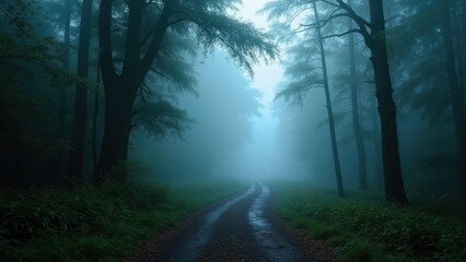 Obraz premium Mystical Forest Road: Foggy Path into the Unknown