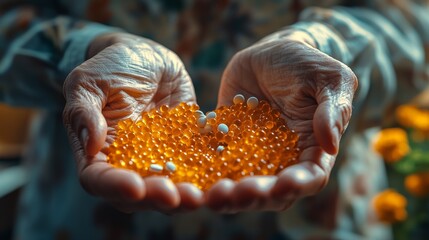 An elderly person's hands cradle shiny golden capsules and white pills, depicting themes of health, wisdom, and care, surrounded by a soft, warm glow.