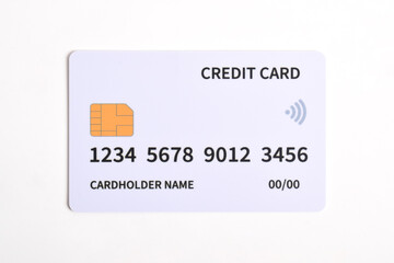 White bank credit card isolated on white background, top view