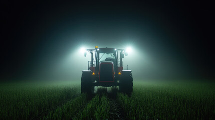 tractor illuminated by bright lights operates in foggy field at night, showcasing agricultural work