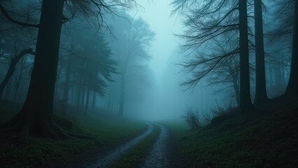 Fototapeta premium Mystical Forest Path: Foggy, Dark, and Enchanting