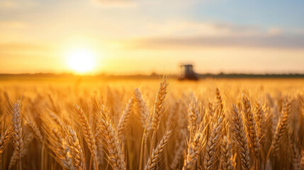 Obraz premium Golden wheat fields bask in warm glow of sunset, creating serene agricultural scene