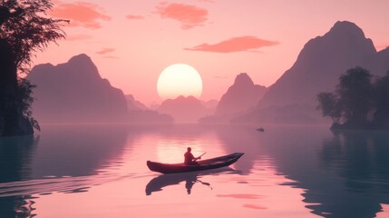 A solitary figure rows a boat in the peaceful waters of a lake as the sun sets behind distant mountains, creating an atmosphere of tranquility and introspection.