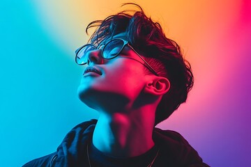 Stylish young man portrait, vibrant colors, neon light