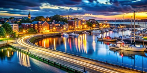 Fototapeta premium Portland's West End at night: a dramatic long exposure cityscape capturing harbor lights and sky.
