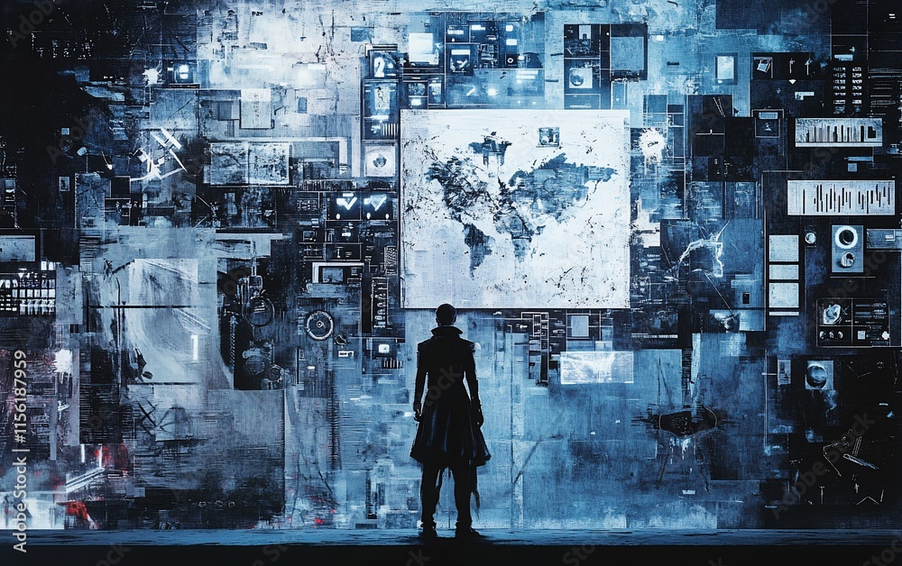 Poster a lone figure stands before a massive digital wall displaying global data.