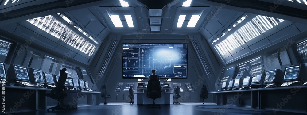 Aufkleber Futuristic control room with large screen displaying data, operators monitoring systems.