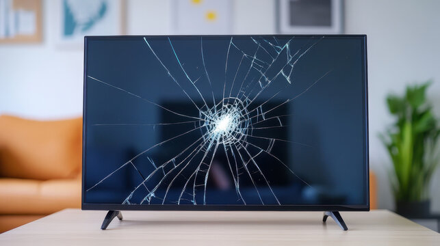 broken TV screen in living room setting, showcasing visible damage and modern aesthetic. scene evokes sense of disappointment