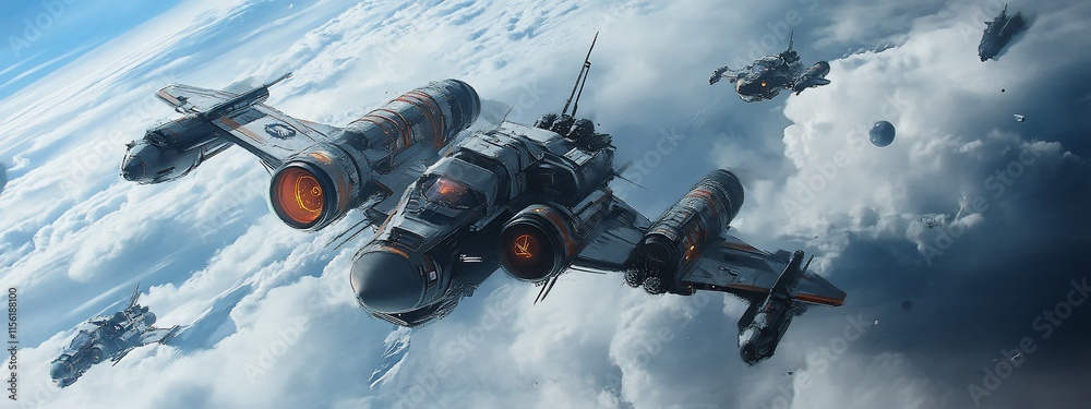 Aufkleber futuristic spaceships fly through cloudy skies.