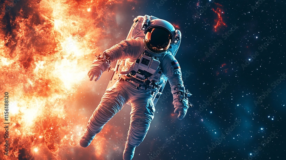 Poster Astronaut floats in space amidst fiery nebula and stars.