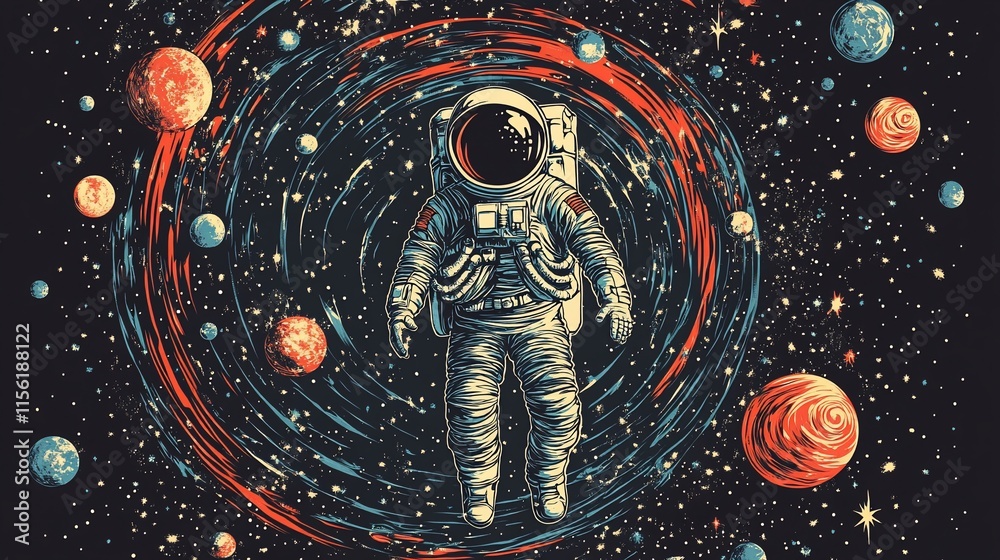 Poster astronaut floating in swirling nebula, surrounded by planets and stars.