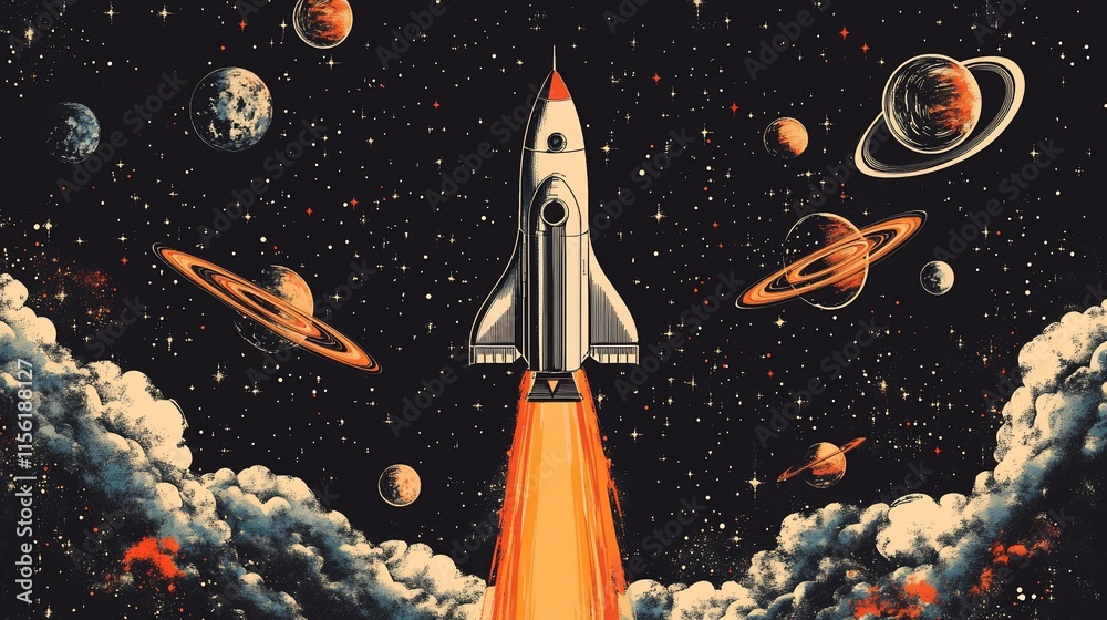 Poster retro-style rocket launching into space amidst planets and stars.