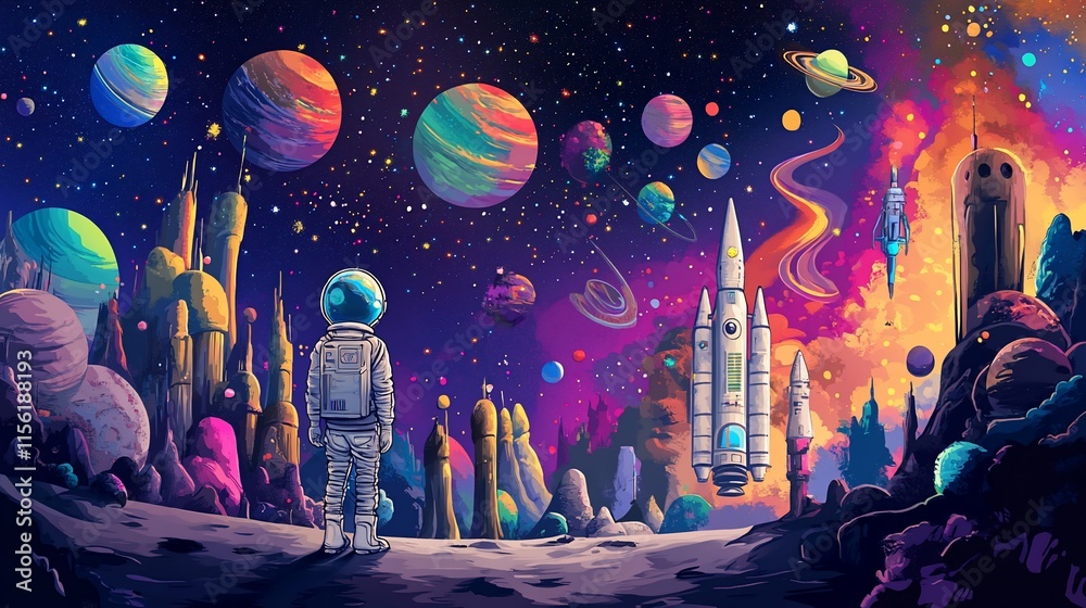 Poster astronaut gazing at vibrant alien landscape with colorful planets, rockets, and fantastical structur