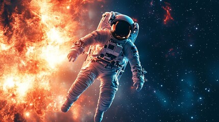 Fototapeta premium Astronaut floats in space amidst fiery nebula and stars.