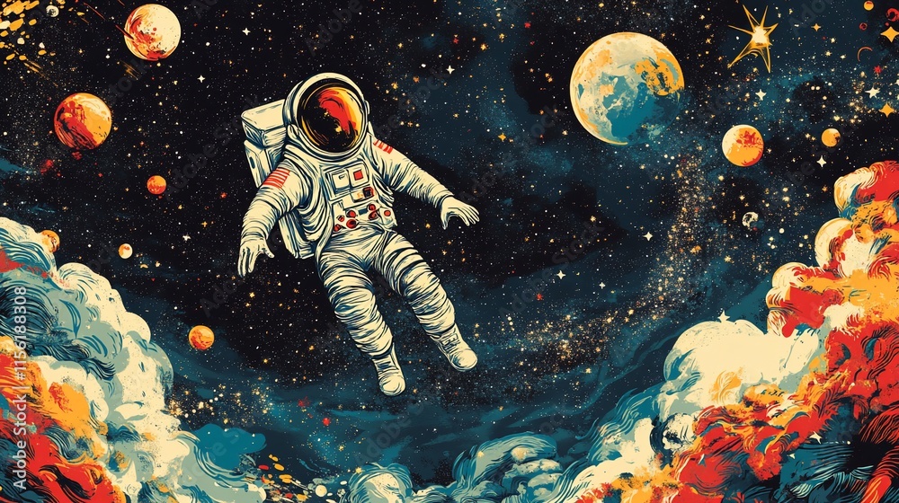 Poster astronaut floating in vibrant space nebula, amidst planets and stars.
