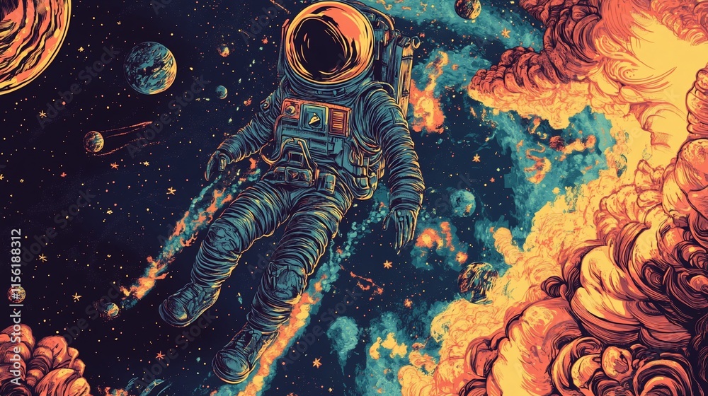 Poster Astronaut floating in vibrant, cosmic nebula with planets and fiery clouds.