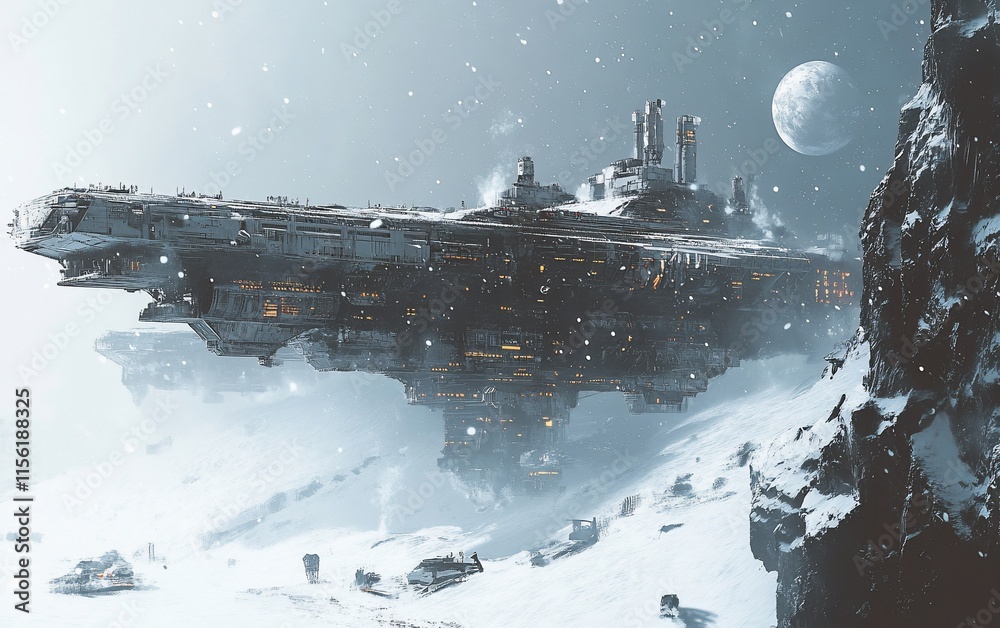 Poster Futuristic spaceship hovering over a snowy, mountainous alien landscape under a large moon.
