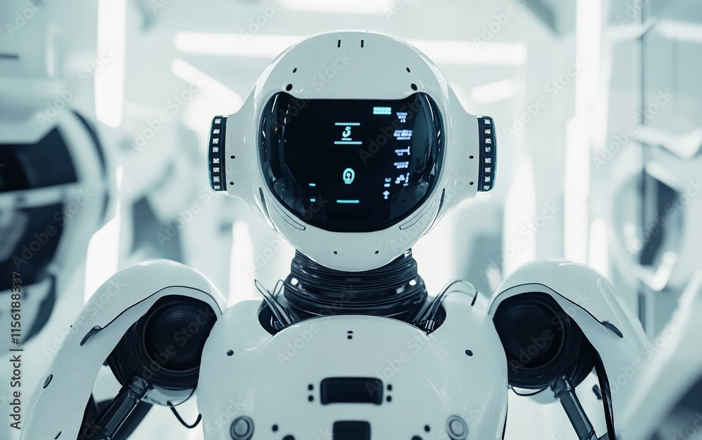 Poster Close-up of a white robot's head and upper torso, displaying a digital interface.