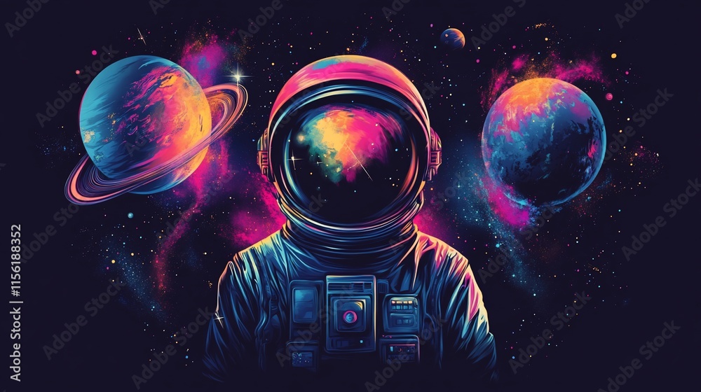 Poster astronaut in vibrant cosmic scene with planets and nebulae.