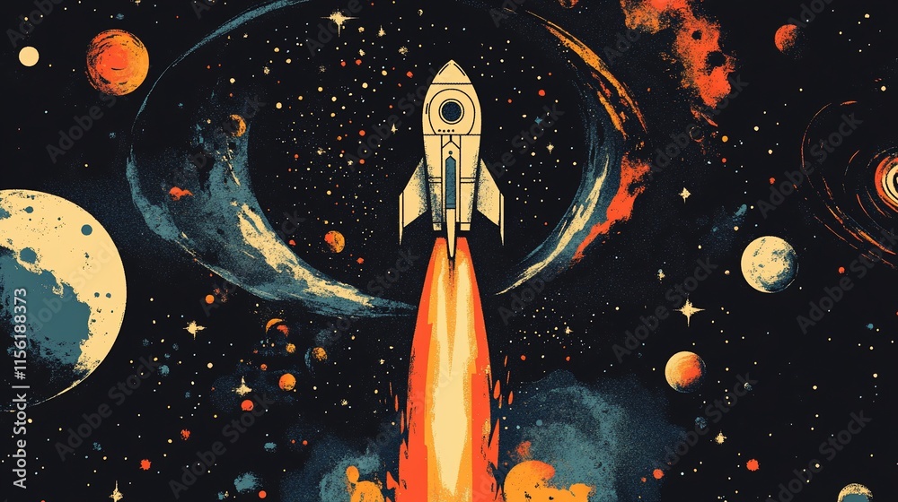 Poster rocket launching into vibrant space, surrounded by planets and nebulae.