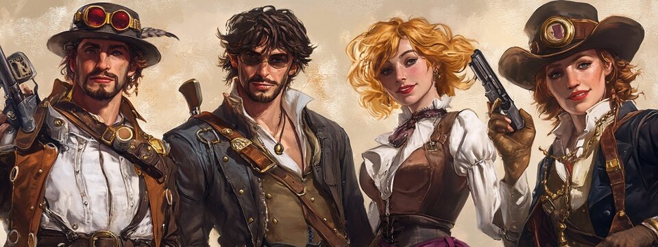 Four steampunk-styled adventurers, two men and two women, posing with guns.