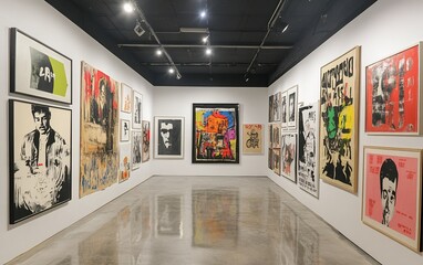 Modern art gallery interior showcasing diverse graphic posters and portraits.
