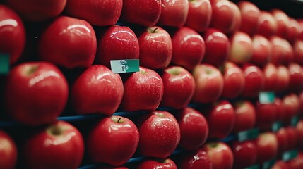 A row of red apples with a sticker on one of them