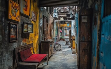 Obraz premium Narrow, aged alleyway with vibrant walls, art, furniture, and bicycle.