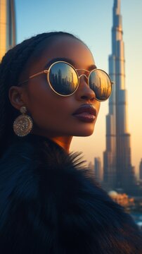 A stylish woman dressed in a textured fabric peers thoughtfully from behind futuristic sunglasses, her view dominated by an iconic skyscraper under a warm, setting sun.