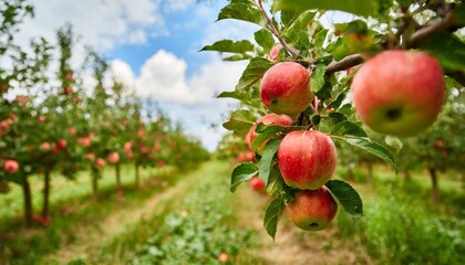 Juicy Red Apples Ripening on a Branch in a Lush Orchard