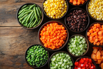 Bowls of colorful vegetables on a wooden table.