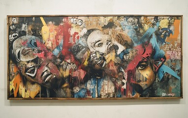 Abstract mixed-media artwork featuring layered faces, textures, and graffiti elements on a canvas.